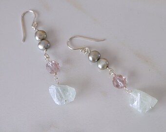 Aquamarine, Pearl, Crystal Earrings