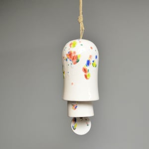 Rounded Ceramic Small Stack Wind Bell Wind Chime - White with Red, Blue, Yellow and Green