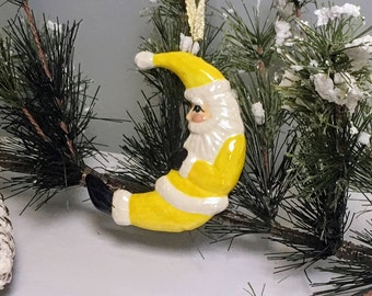 Ceramic Resting Santa Crescent Moon Christmas Ornament - Lemon Yellow