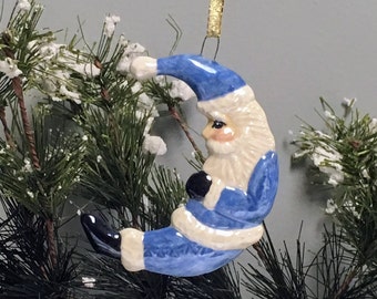 Ceramic Resting Santa Crescent Moon Christmas Ornament - Light Blue