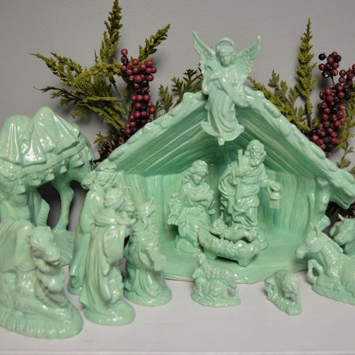 Blue Mother of Pearl Ceramic Nativity Scene Etsy