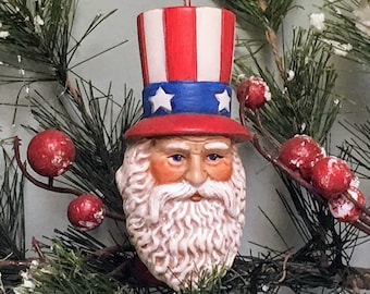 Patriotic Santa Ceramic Christmas Ornament