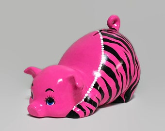 Ceramic Piggy Bank - Bright Pink - Zebra Stripes - Jungle Theme - Fashionista