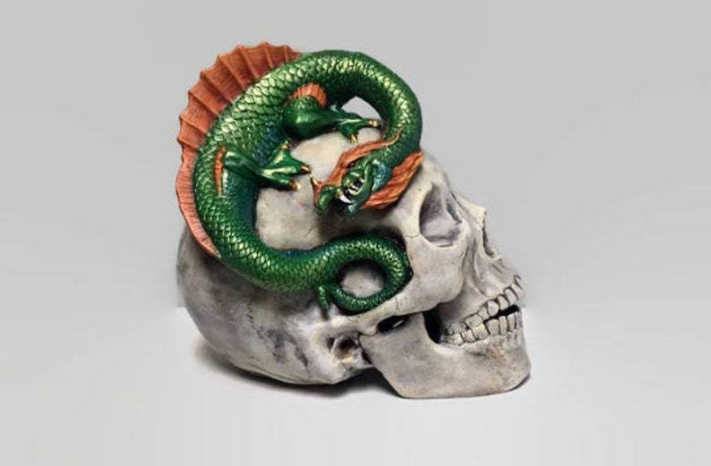 Dragon d'eau en céramique sur sculpture de crâne image 2