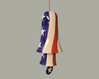 Ceramic Small Stack Wind Bell Wind Chime - Patriotic Red White Blue - Americana