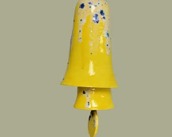 Ceramic Small Stack Wind Bell Wind Chime - Bright Yellow Bursts of Blue and Aqua