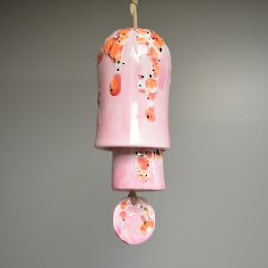 Rounded Ceramic Small Stack Wind Bell Wind Chime - Pink with White, Coral, Pink, Red, Black