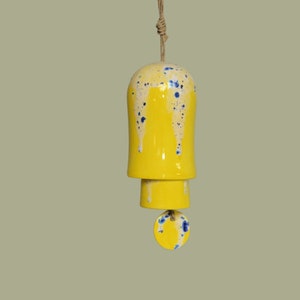 Rounded Ceramic Small Stack Wind Bell Wind Chime - Bright Yellow Bursts of Blue and Aqua