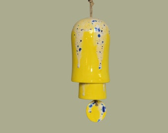 Rounded Ceramic Small Stack Wind Bell Wind Chime - Bright Yellow Bursts of Blue and Aqua