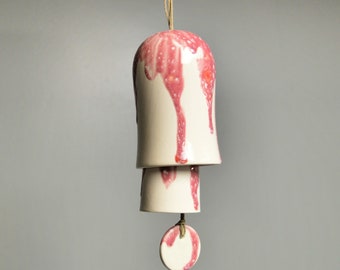 Rounded Ceramic Small Stack Wind Bell Wind Chime - White Peppermint Pink