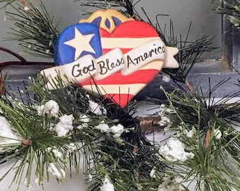 Hand Painted Ceramic Christmas Ornament Patriotic Heart