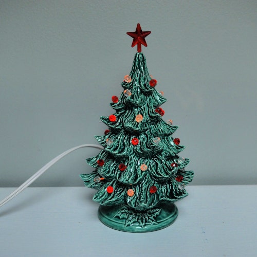 Extra Small Ceramic Christmas Tree: Evergreen Glaze, Red Star