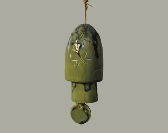 Ceramic Small Stack Wind Bell Wind Chime -Sage Green Mocha Dragonfly