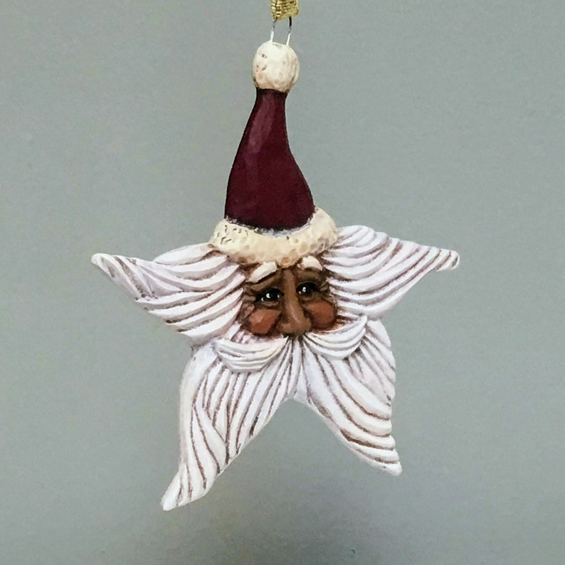 African American Rustic Natural Finish Ceramic Santa Star Christmas Ornament Cranberry Red image 2