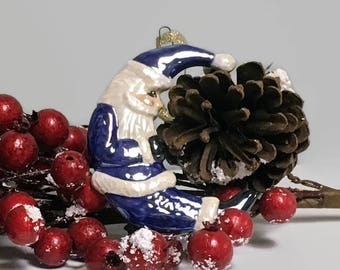 Ceramic Resting Santa Crescent Moon Christmas Ornament - Dark Delft Blue