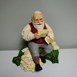 Ceramic Santa Reading Mail Figurine - Mail Sack Santa