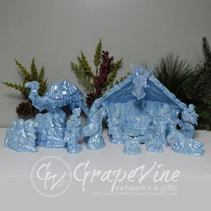 Blue Mother of Pearl Ceramic Nativity Scene