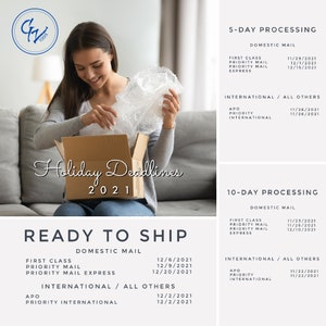 May include: A graphic with the text "Holiday Deadlines 2021" and "Ready to Ship" with a list of shipping deadlines for domestic and international mail. The deadlines are listed for first class, priority mail, priority mail express, APO, and priority international mail.