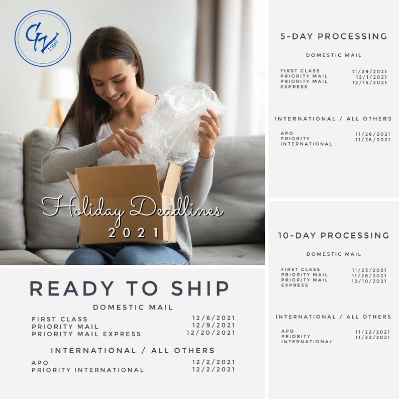 May include: A graphic with the text "Holiday Deadlines 2021" and "Ready to Ship" with a list of shipping deadlines for domestic and international mail. The deadlines are listed for first class, priority mail, priority mail express, APO, and priority international mail.