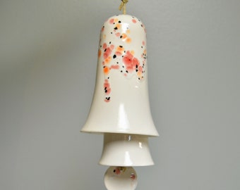 Ceramic Small Stack Wind Bell Wind Chime - White with Coral, Red, and Black Glaze