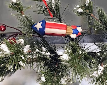 Hand Painted Ceramic Christmas Ornament Patriotic Rocket