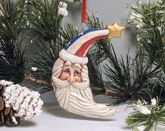 Handpainted Patriotic Ceramic Santa Crescent Christmas Ornament