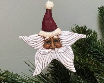 African American Rustic Natural Finish Ceramic Santa Star Christmas Ornament Cranberry Red