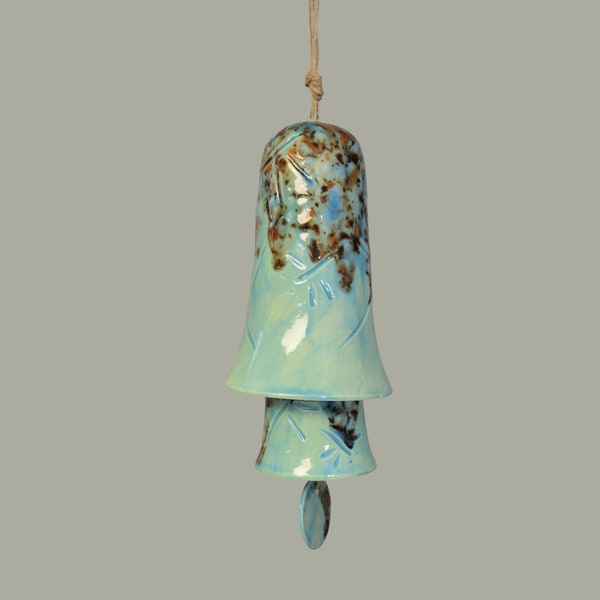 Ceramic Small Stack Wind Bell Wind Chime - Turquoise Mocha Marble - Carved Dragonfly Motif