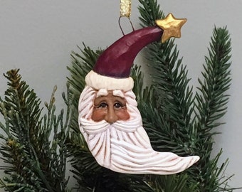 African American Woodland Santa Ceramic Crescent Moon Christmas Ornament - Natural Cranberry Red