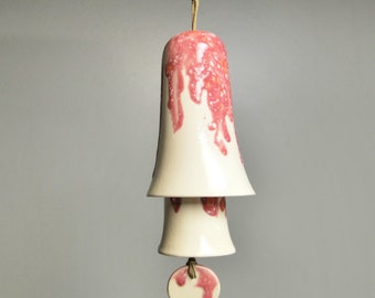 Ceramic Small Stack Wind Bell Wind Chime - White with Shades of Peppermint Pink