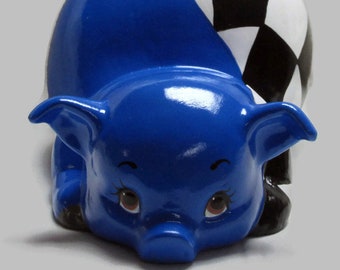 Ceramic Piggy Bank - Bright Blue Piggy Bank - Checkered Flag Piggy Bank