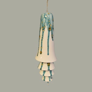 Ceramic Cone Bell Wind Chime - White with Teal and Golden Beige