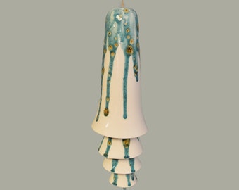 Ceramic Cone Bell Wind Chime - White with Teal and Golden Beige