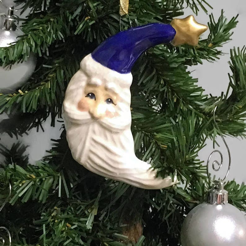 Ceramic Santa Crescent Moon Christmas Ornament Dark Blue image 6