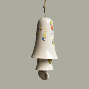 Ceramic Small Stack Wind Bell Wind Chime - White with Red, Blue, Yellow and Green