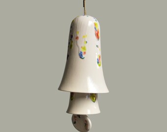 Ceramic Small Stack Wind Bell Wind Chime - White with Red, Blue, Yellow and Green