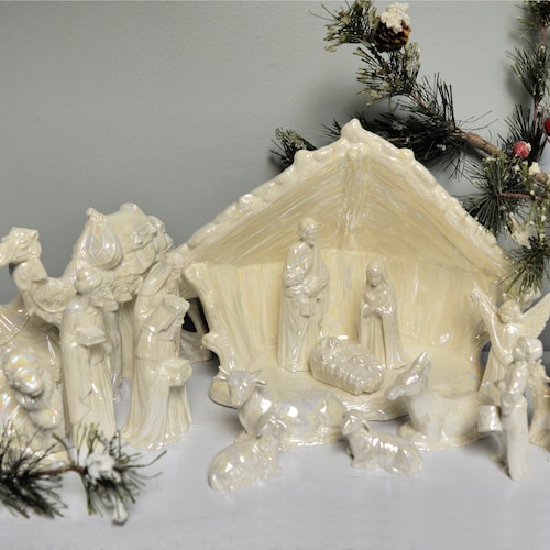 Blue Mother of Pearl Ceramic Nativity Scene Etsy