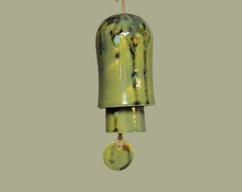 Rounded Ceramic Small Stack Wind Bell Wind Chime - Sage Green Mocha Brown