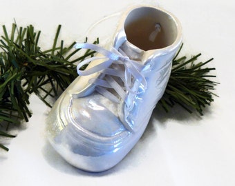 Ceramic Christmas Ornament - Baby Shoe Ornament - White Glaze