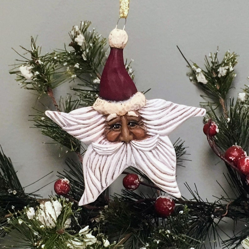 African American Rustic Natural Finish Ceramic Santa Star Christmas Ornament Cranberry Red image 6