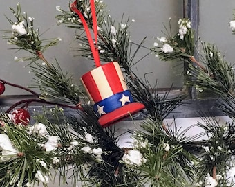 Hand Painted Ceramic Americana Hat Christmas Ornament