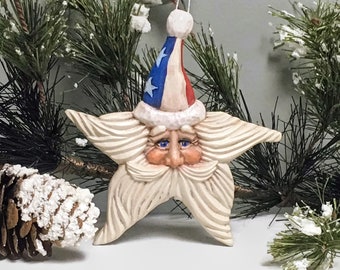 Handpainted Patriotic Ceramic Santa Star Christmas Ornament