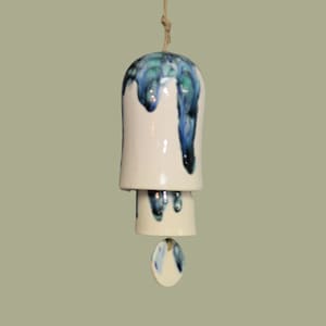 Rounded Ceramic Small Stack Wind Bell Wind Chime - White with Peaceful Shades of Blue