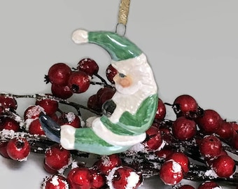 Ceramic Resting Santa Crescent Moon Christmas Ornament - Mint Green