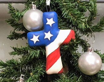 Ceramic Christmas Ornament Patriotic Cross