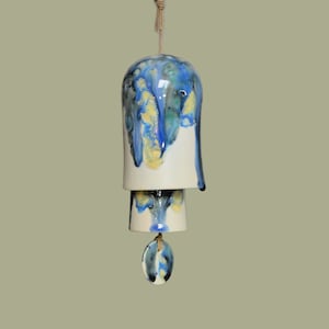Rounded Ceramic Small Stack Wind Bell Wind Chime - Pale Blue with Tranquil Shades of Blue and Cream