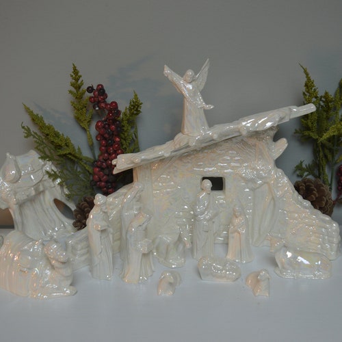 Ceramic Nativity Creche Scene Crackle Etsy