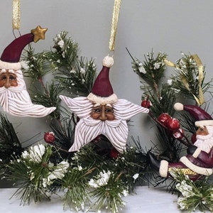 African American Rustic Natural Finish Ceramic Santa Star Christmas Ornament Cranberry Red image 7