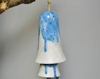 Ceramic Small Stack Wind Bell Wind Chime - Grey with Capri Blue Yellow, Green and Navy Flecks