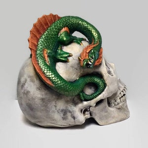Dragon d'eau en céramique sur sculpture de crâne image 3
